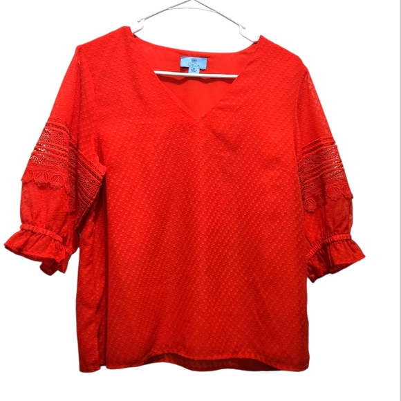 CeCe Clip Dot Puff Sleeve Top Bright True Red Lace Sleeves Office or Date Night - Picture 1 of 8